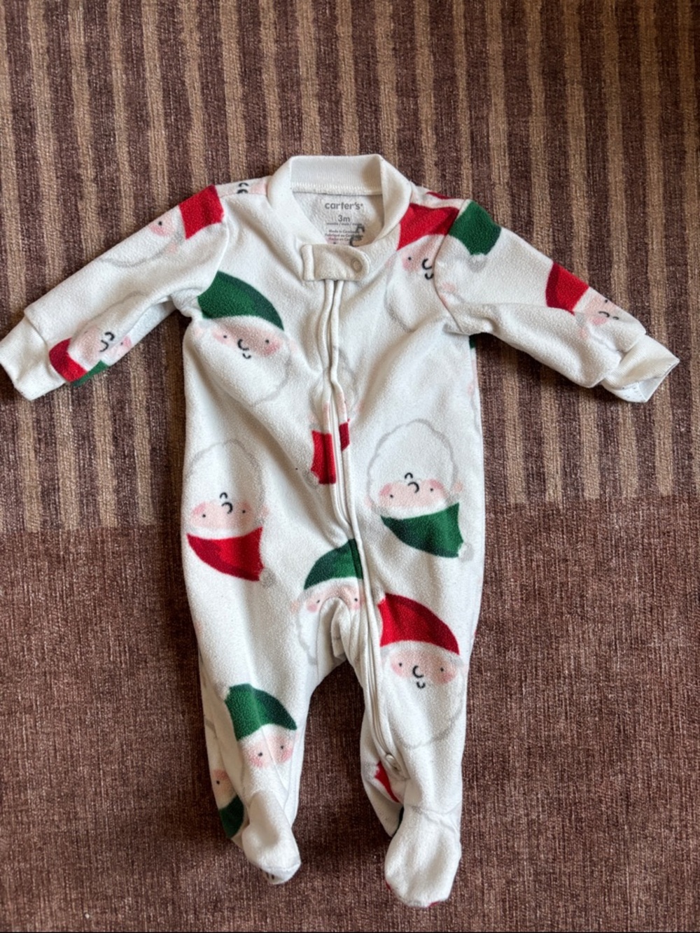 Carter's White Fleece Elf Print One-Piece with Red & Green Accents